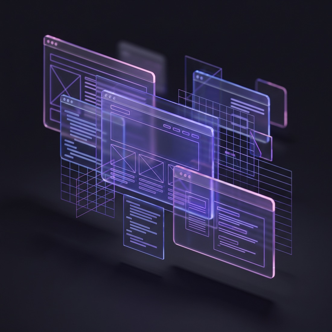 Abstract layered glass website interface panels